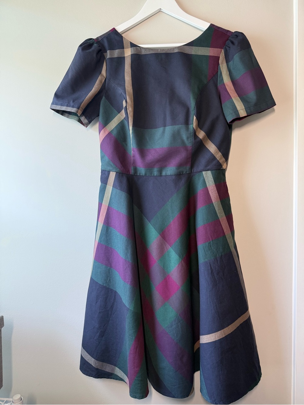 ModCloth Plaid Fit & Flare Dress Navy Green Brown Tartan Short Sleeve Size 8